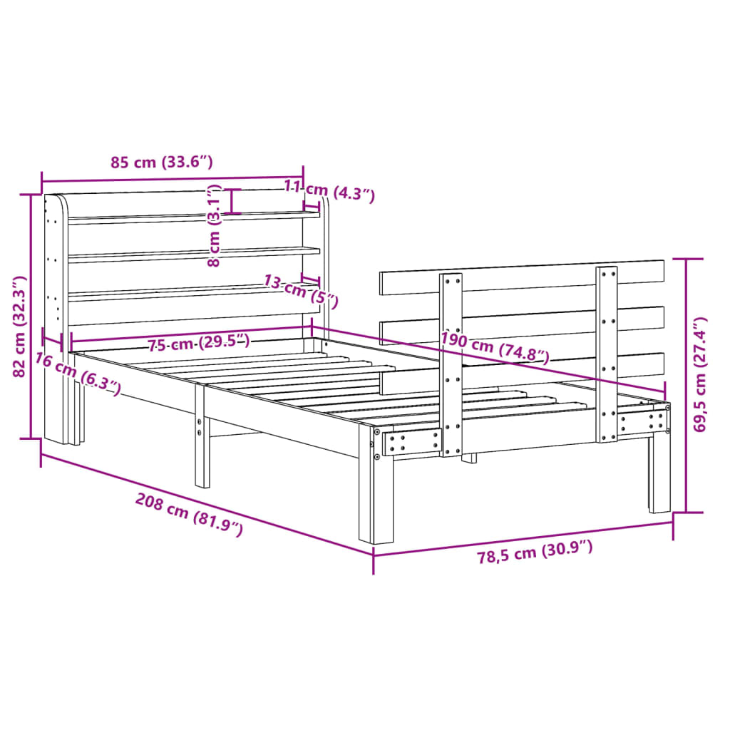 Bed Frame with Headboard without Mattress 75x190 cm Small Single